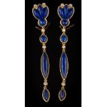 A pair of lapis lazuli and diamond pendant earrings: each with round and navette-shaped lapis