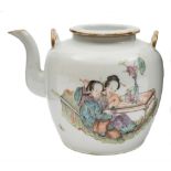 A Chinese porcelain teapot and cover: enamelled in the famille rose palette with a pair of beauties