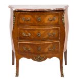 A French mahogany crossbanded and inlaid serpentine fronted bombe commode:, in the Louis XV taste,