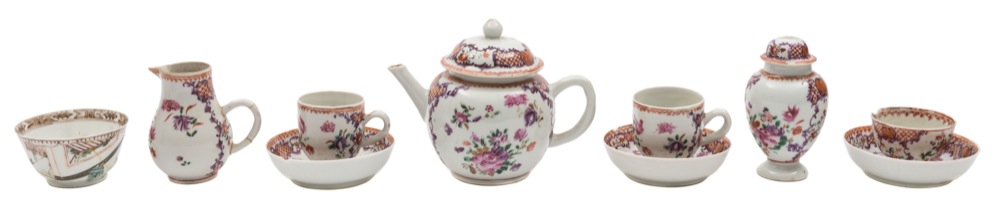 A Chinese famille rose miniature part tea service: painted in predominantly puce,