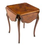 A French kingwood, marquetry and brass and gilt metal mounted square drop flap occasional table:,