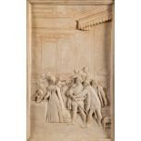 A plaster plaque: depicting Queen Elizabeth in a palace interior, contained in an oak frame,