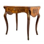 A French walnut, banded and floral marquetry, gilt metal mounted drop flap occasional table:,