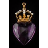 A late 19th/early 20th century amethyst heart-shaped pendant: with seed pearl and multi-gem-set