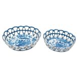 Two Bow blue and white oval baskets: of flared lattice work form,
