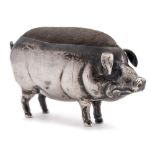 An Edward VII silver novelty pin cushion, maker M Bros, Birmingham, 1905: in the form of a pig,