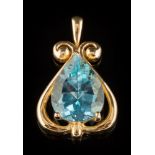 A pear-shaped blue topaz single-stone pendant: with applied plaque inscribed 'Ron McNamer' and