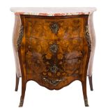 A French walnut, kingwood floral marquetry and gilt metal mounted serpentine fronted bombe commode:,