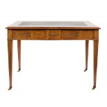 An early 20th Century French walnut, inlaid and gilt metal mounted rectangular writing table:,