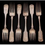 Six George III Irish silver fiddle pattern table forks, maker William Ward,