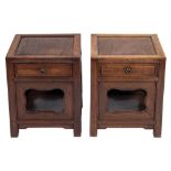 A pair of Chinese Hua Li wood square two tier urn tables:, each fitted with a drawer,