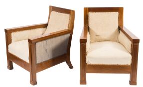 A pair of Swedish mahogany armchairs:, of square form, with curved upholstered panel backs,