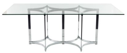 A Contemporary chromium and glass dining table:,