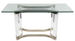 A Contemporary chromium and glass dining table:,