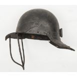 A Cromwellian-style lobster pot helmet: with hinged peaked visor and pinned flanged neck guard.
