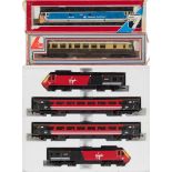 Hornby and Lima OO/HO gauge: an HST in Virgin Railway livery with two central coaches and dummy car,