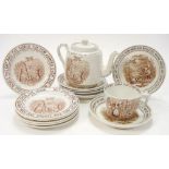 An Edwardian Staffordshire part tea service of 'Nursery Rhymes' pattern:, comprising teapot,