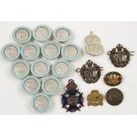 Two Royal Flying Corp (RFC) cap badges and a collection of Observer Corps enamel lapel badges and