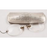A George V silver glasses case with WWI presentation inscription to cover:,