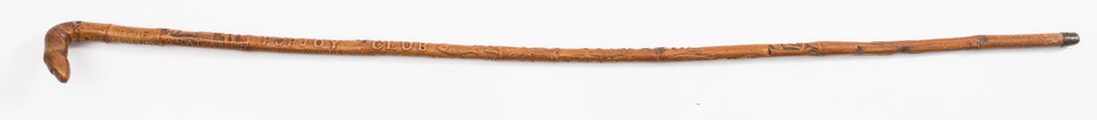 An early Victorian carved bamboo presentation walking cane for the Rajmahul Popjoy Club, India:,