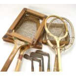 Three early 20th century tennis rackets:, including a Dragon Model A,
