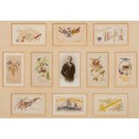 A framed group of ten WWI silk postcards:, set around a black and white photograph of a sailor,