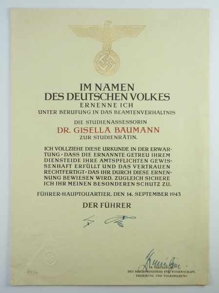 3.1.) Urkunden / Dokumente Patent zur Studienrätin für eine Dr. Studienassessorin.Doppelblatt,