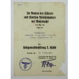 3.1.) Urkunden / Dokumente Kriegsverdienstkreuz, 2. Klasse mit Schwertern Urkunde für eine