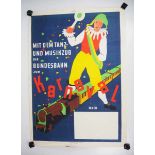 7.1.) Historica Plakat mit dem Tanz- und Musikzug der Bundesbahn zum Karneval.Clown über Zug.