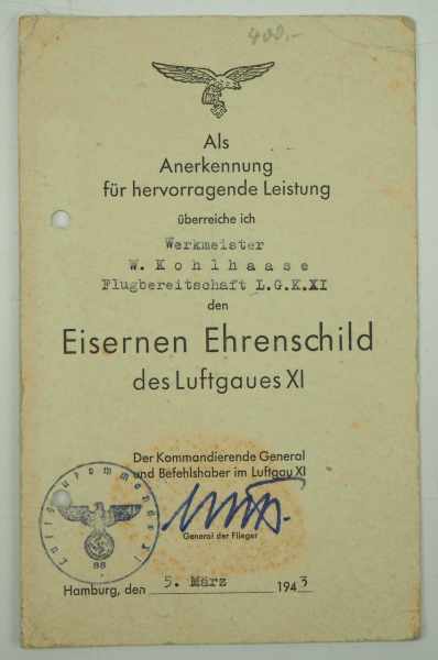 3.1.) Urkunden / Dokumente Eiserner Ehrenschild des Luftgaues XI Urkunde - Flugbereitschaft L.G.K.