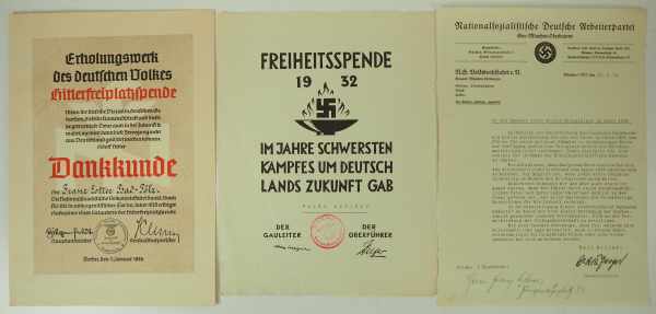 3.1.) Urkunden / Dokumente Dankurkunde für die Adolf-Hitler-Freiplatz-Spende 1935.- Dankurkunde