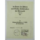 3.1.) Urkunden / Dokumente Kriegsverdienstkreuz, 2. Klasse mit Schwerter Urkunde für eine