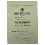 3.1.) Urkunden / Dokumente Ritterkreuz des Eisernen Kreuzes, Vorläufiges Besitzzeugnis für den