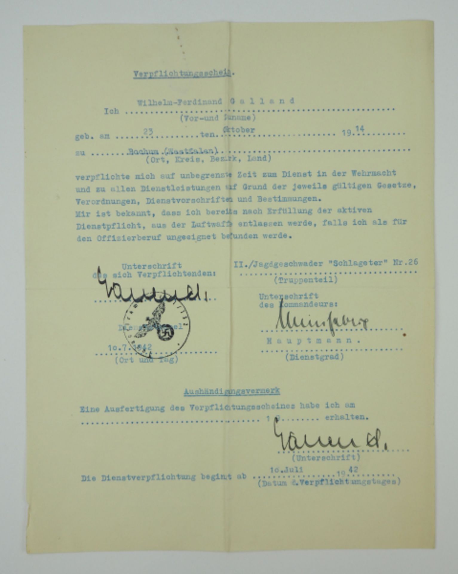 3.3.) Autographen Galland, Wilhelm-Ferdinand.(1914-1943). Wilhelm-Ferdinand "Wutz" Galland konnte