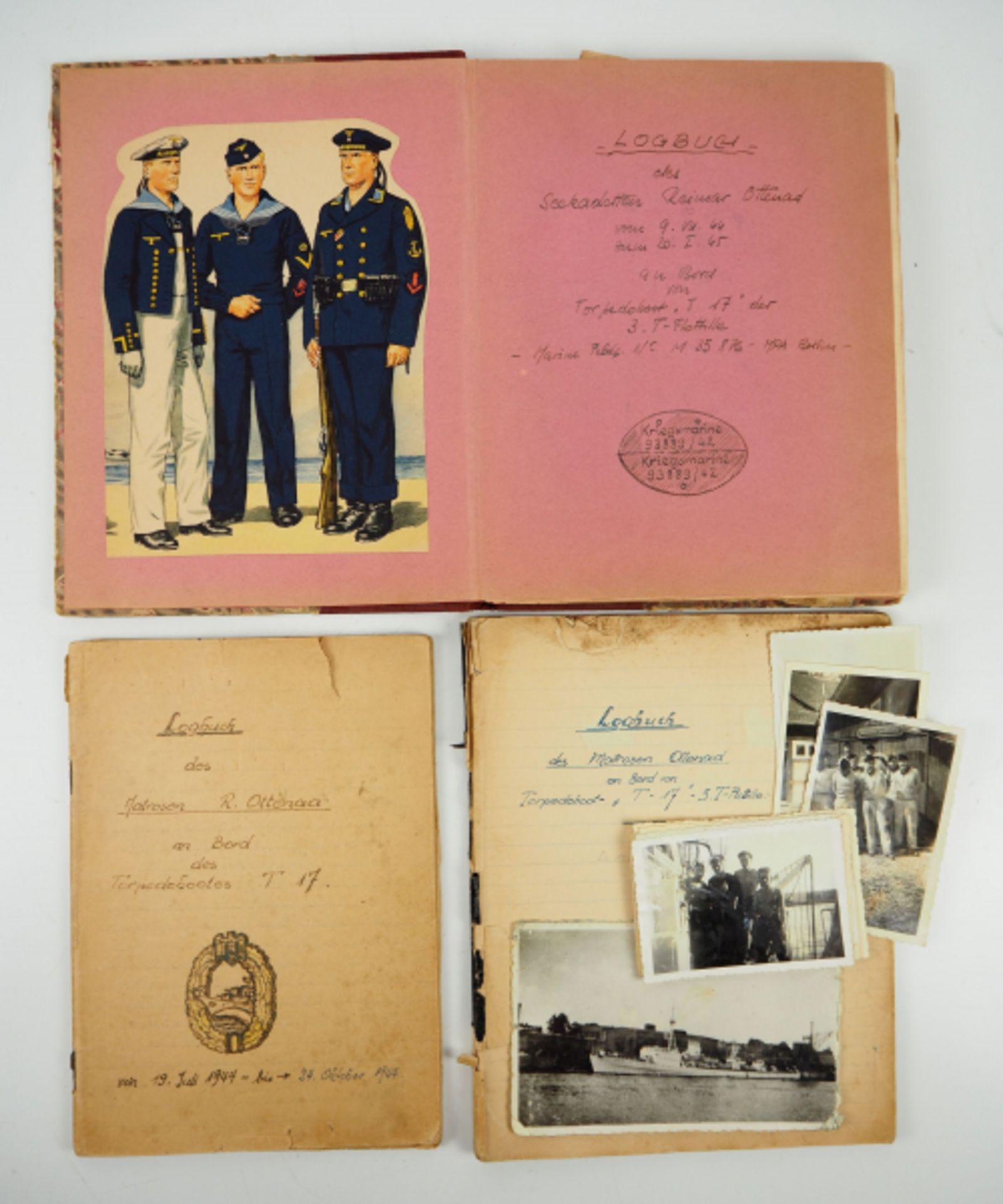 3.2.) Fotos / Postkarten Kriegsmarine: 3 Logbücher eines Matrosen an Bord des Torpedoboot "T-17" der