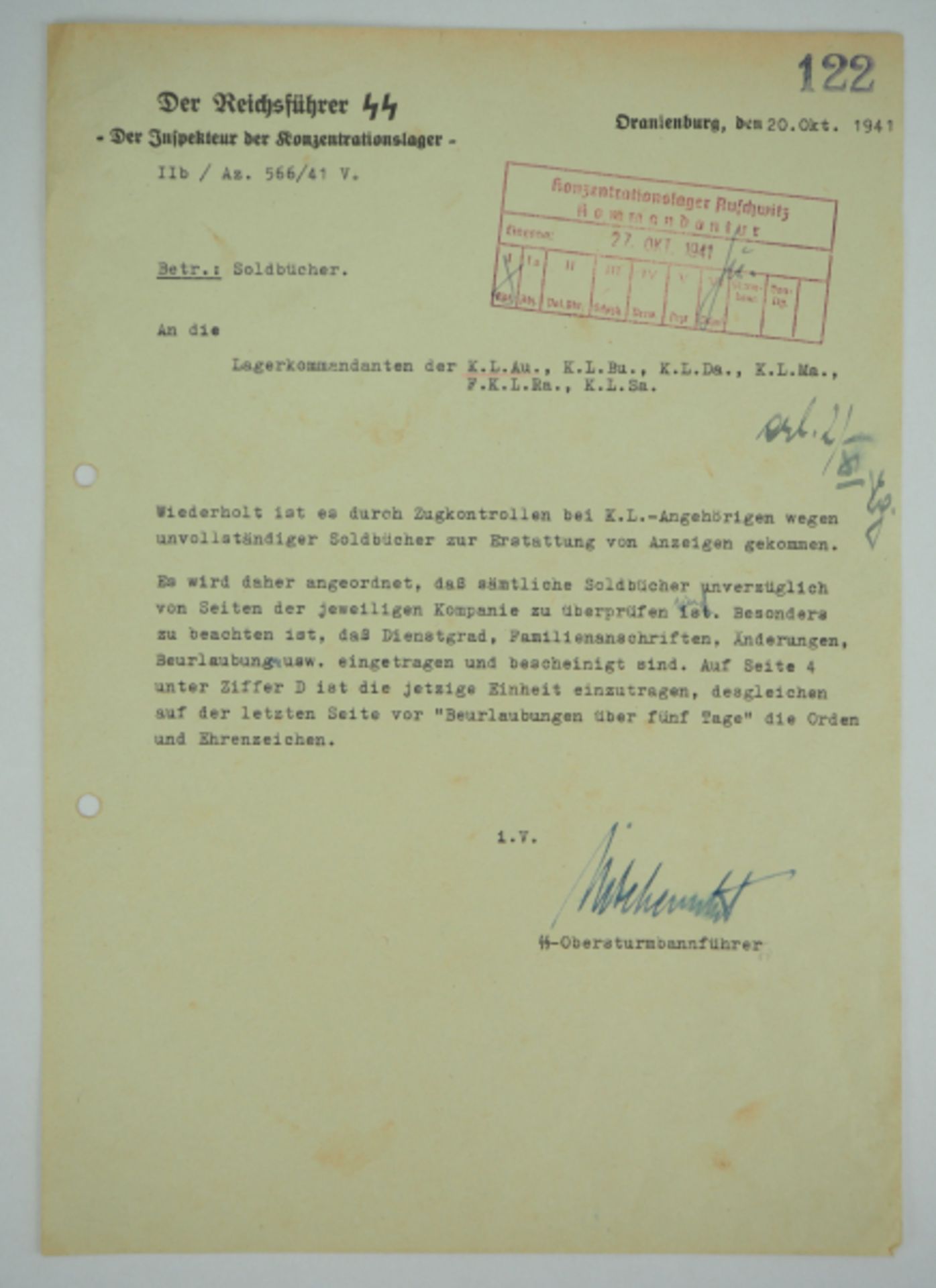 3.3.) Autographen Liebehenschel, Arthur.(1901-1948). Kommandant und Standortältester des