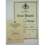 3.1.) Urkunden / Dokumente Eisernes Kreuz, 1939, 2. Klasse Spange Urkunde und EK2 Urkunde.- Eisernes