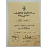 3.1.) Urkunden / Dokumente Kriegsverdienstkreuz, 2. Klasse mit Schwertern Urkunde für einen Waffen-