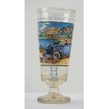 7.1.) Historica Chauffeur Glas-Pokal.Farbloses Glas, Automobil-Motiv, Sinnspruch "Schön ist die