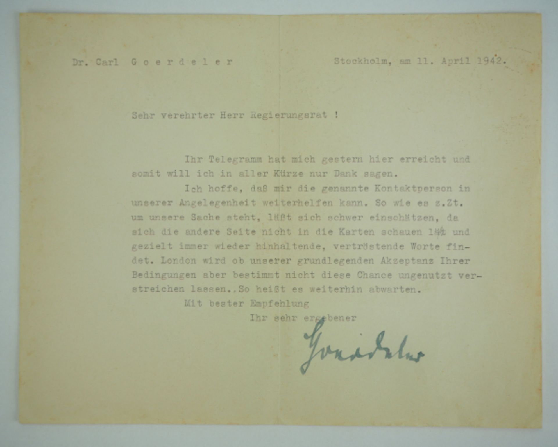 3.3.) Autographen Goerdeler, Carl.(1884-1945). Wiederstandskämpfer. Maschinengeschriebener Brief aus