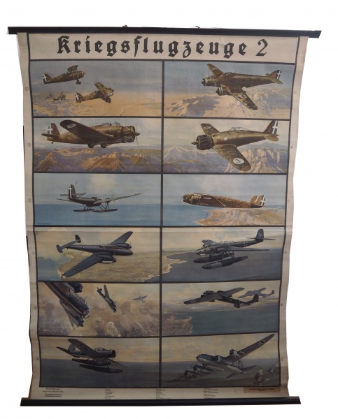 4.2.) Effekten / Ausrüstung Luftwaffe: Schulungsplakat Flugzeuge.Farbig bedruckte Leinwand mit den