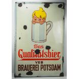 7.1.) HistoricaEmailschild - Qualitätsbier VEB Brauerei Potsdam.Mehrfach bestoßen, teilweise