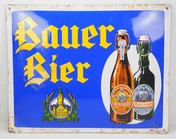 7.1.) HistoricaEmailschild Bauer Bier.Sehr schön.40 x 50 cm.Zustand: I-7.1.) Historica