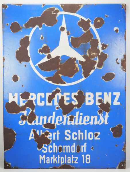 7.1.) HistoricaEmailschild Mercedes Benz Schorndorf.Stark gestoßen.79 x 58 cm.Zustand: III7.1.)