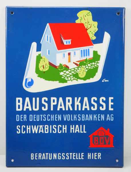 7.1.) HistoricaEmailschild Bausparkasse Schwäbisch Hall.Guter Zustand.39 x 29 cm.Zustand: II7.1.)