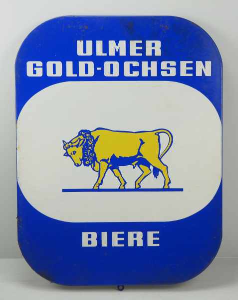 7.1.) HistoricaEmailschild Ulmer Gold-Ochsen Biere.Ordentlicher Zustand.40 x 59 cm.Zustand: II7.