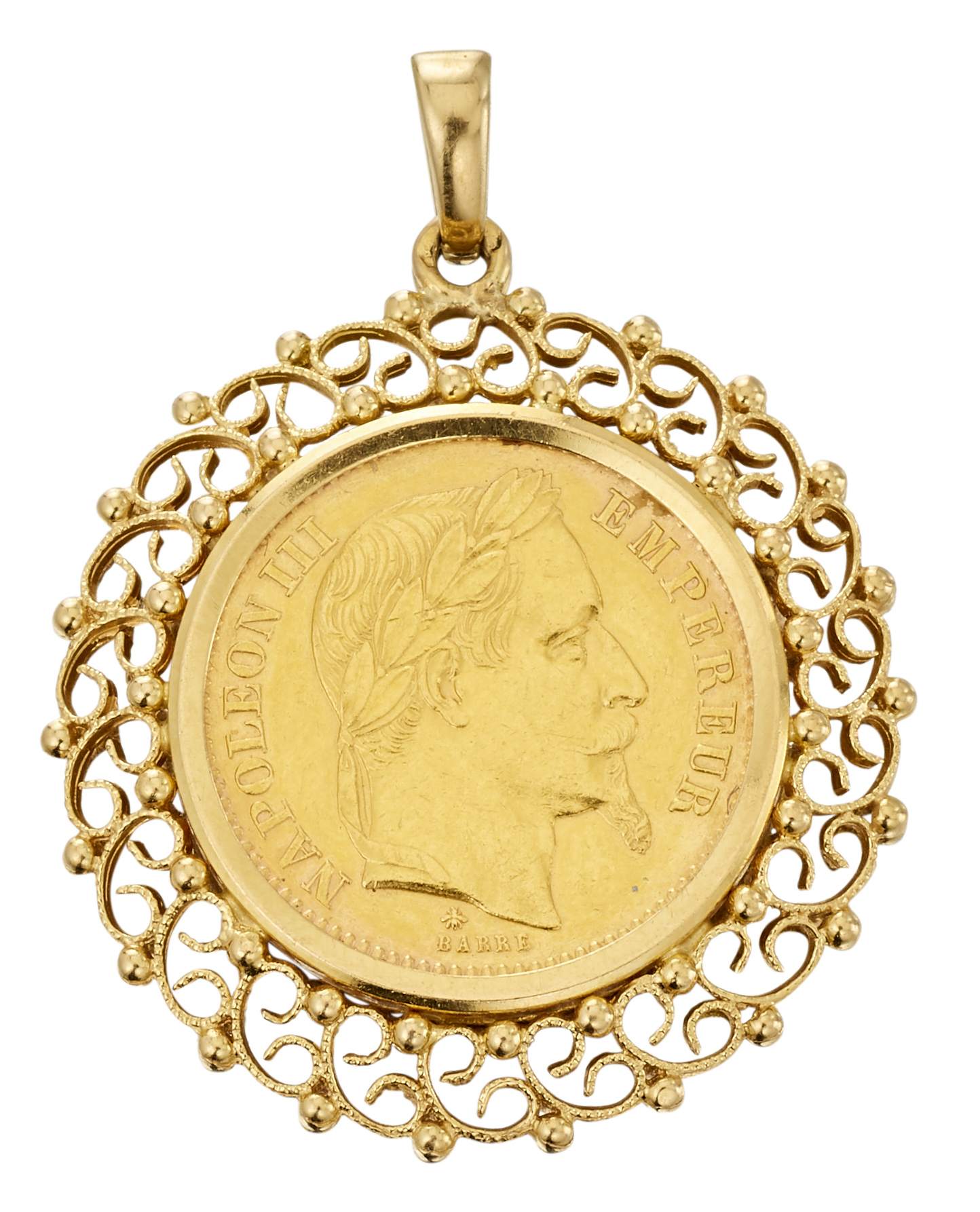 Pendentif or jaune serti d'une pièce Napoléon III Poids brut : 10,59 g - - [...]