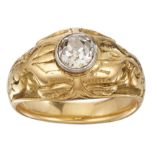 Bague d'époque en or massif stylisant deux béliers surmontés d'un diamant taille [...]