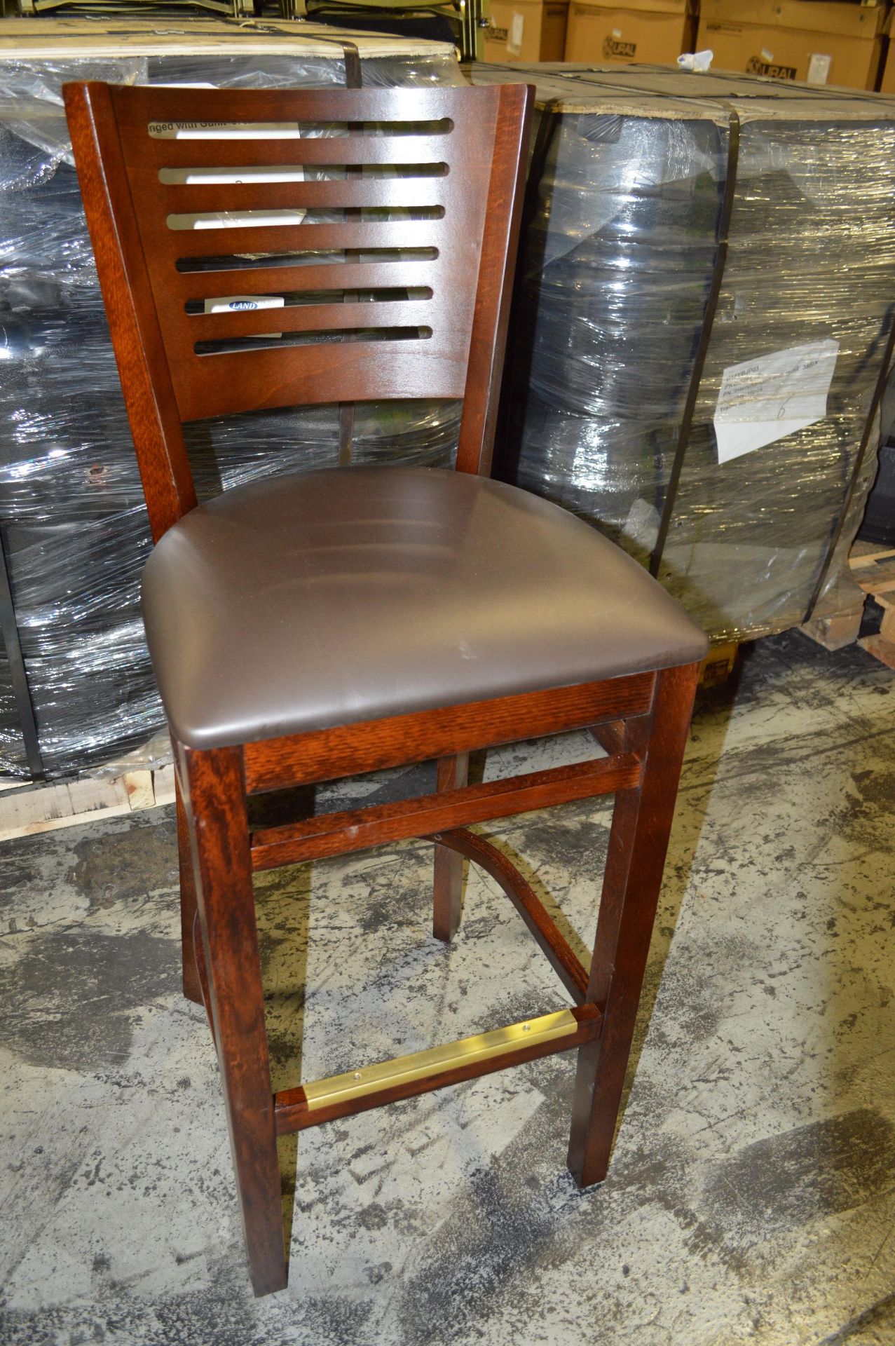 BAR STOOL -MAHOGANY WOOD FRAME- BROWN SEAT CUSHION - Image 4 of 5