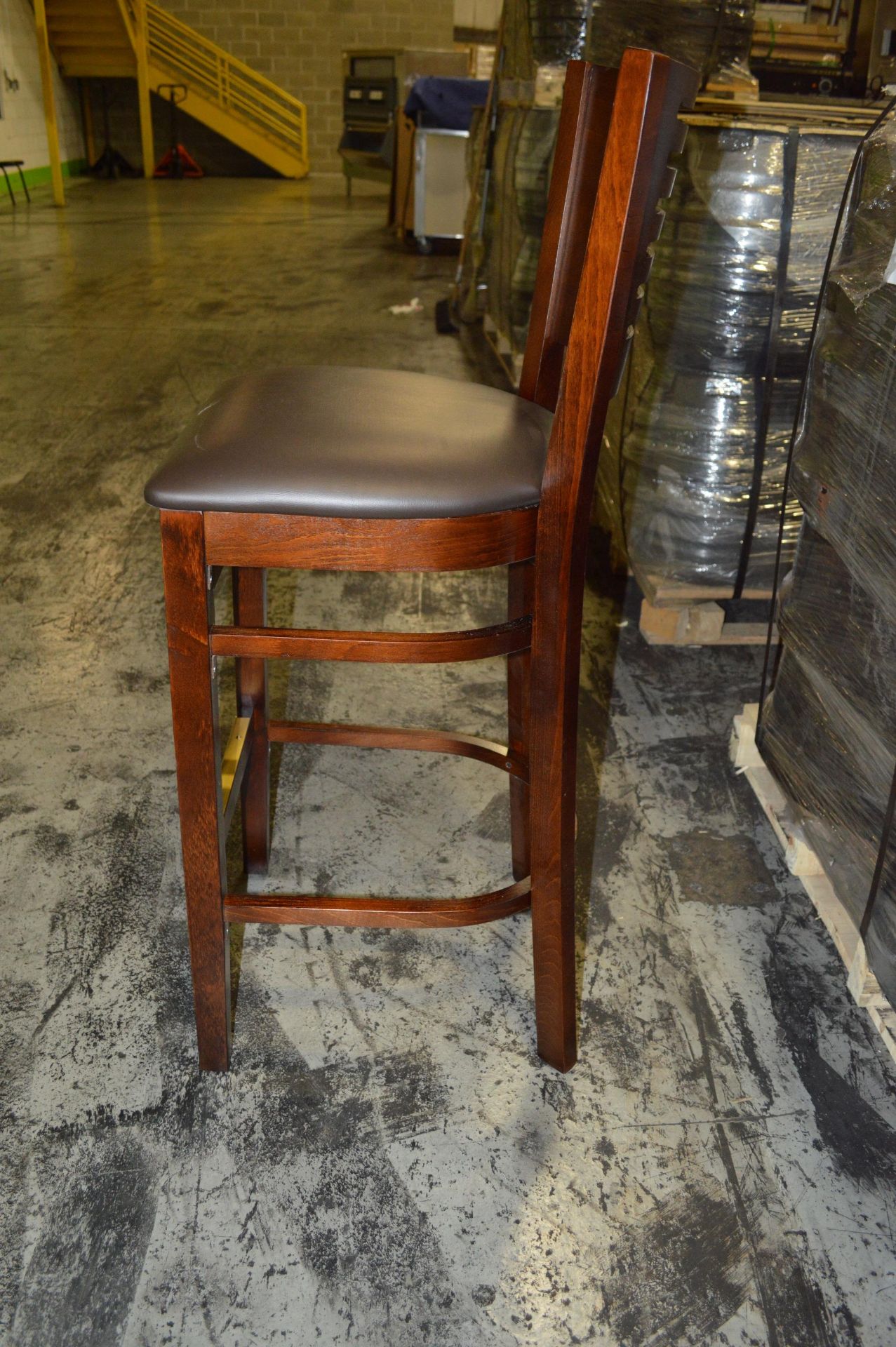 BAR STOOL -MAHOGANY WOOD FRAME- BROWN SEAT CUSHION - Image 5 of 5